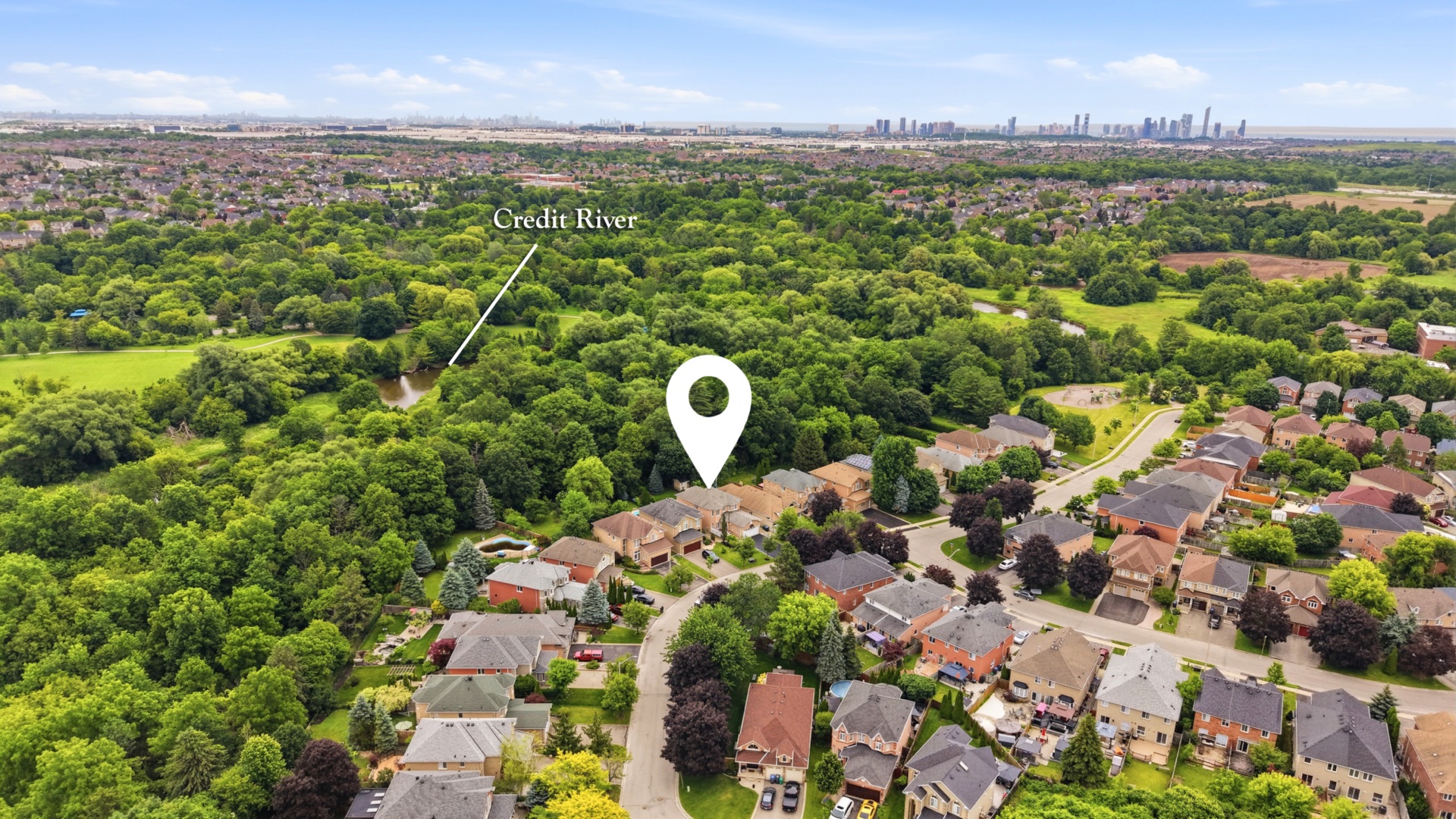 Aerial view showing Credit River behind 7287 Waldorf Way